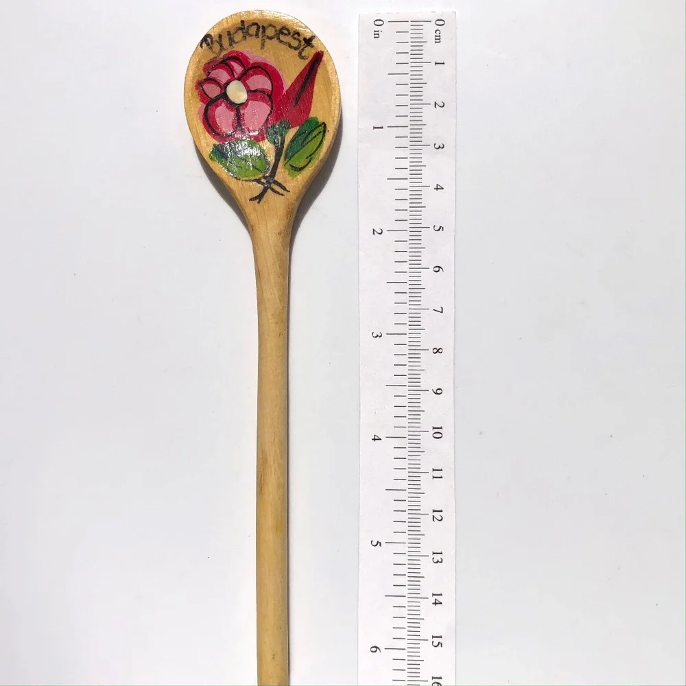 Budapest Hungary souvenir wooden spoon hand painted floral red pink 6.5 in.